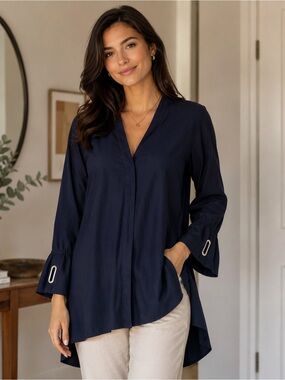 Zara Navy Blue Tunic Blouse High Low Flowy Quiet Luxury Cotton Top M